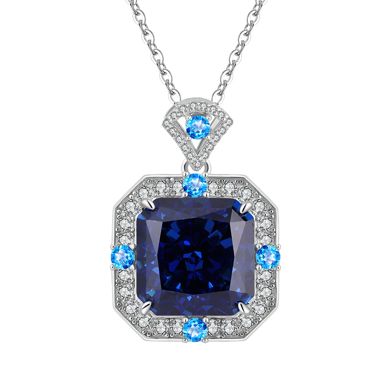 S925 Silver Vintage Fashion High-Carbon Diamond Princess Square Pendant Necklace, 14x14mm Main Stone, Elegant Women's Jewelry, Stylish Textured P