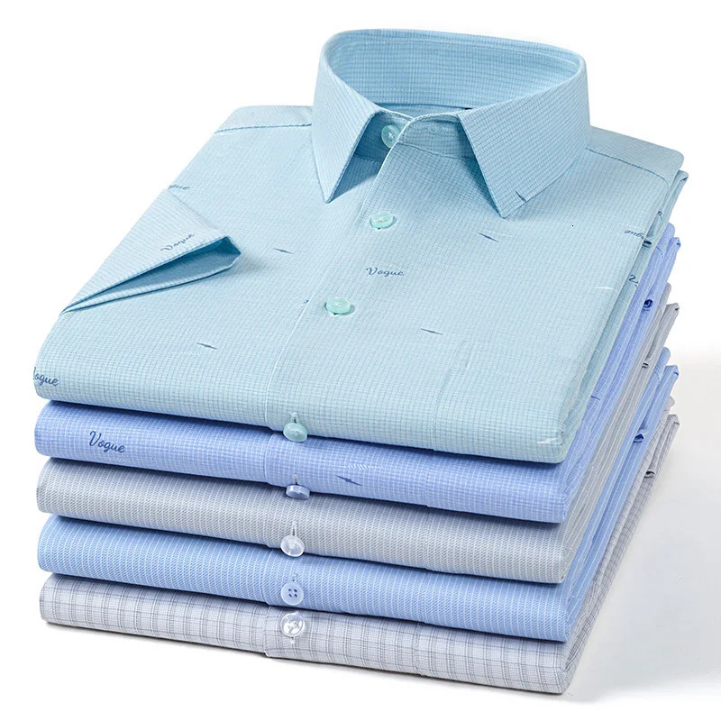 Mens Bamboo Fiber Short Sleeve Shirt Classic Solid Color Printing Plaid Business Formal Social Top Fashionable Office Wear 4XL 250611