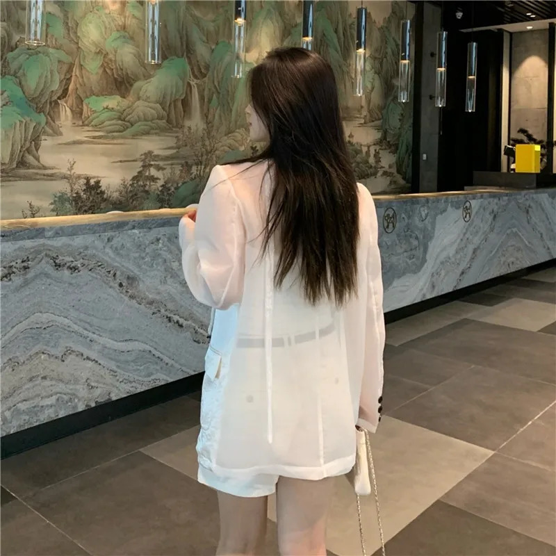 Summer Women Fashion Patchwork Thin White Gauze Suit Jacket Casual Loose VNeck SingleBreasted Long Sleeve Female Blazers Coat 250610