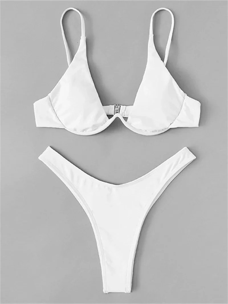 Sexy Underwire Bikini Mujer Women Solid Red Push Up Bra Thong Swimsuit Haler V Neck Bathing Suit Mini Micro Swimwear 250609