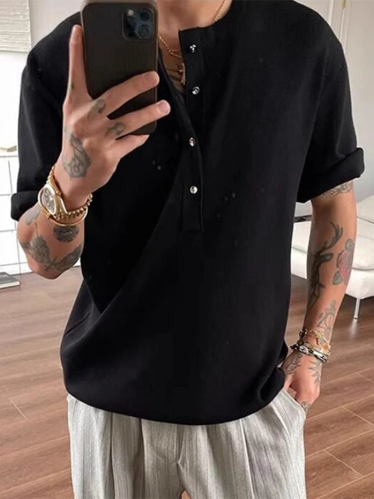 Knitting Solid Color Short Sleeve T Shirt Summer Casual Buttoned Textured Men Tshirts Fashionable Mens Henley Neck Shirts 250610