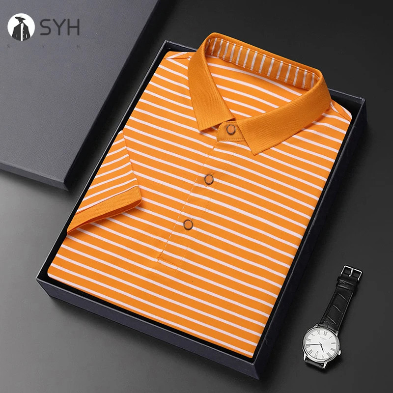 Mens Striped Cotton Business Casual Short Sleeve POLO Shirt Fashion Comfortable and Breathable Top 250610