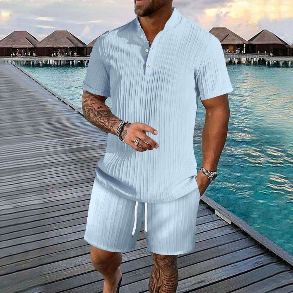Summer Men's Casual Loose Short Sleeve Shirt And Shorts Beach Set B5