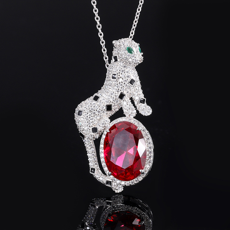 S925 Silver Faux Colored Gemstone Leopard Shaped Luxury Pendant Necklace, 13x18mm Main Stone, Fashionable Elegant Design, Perfect Women's Jewelry
