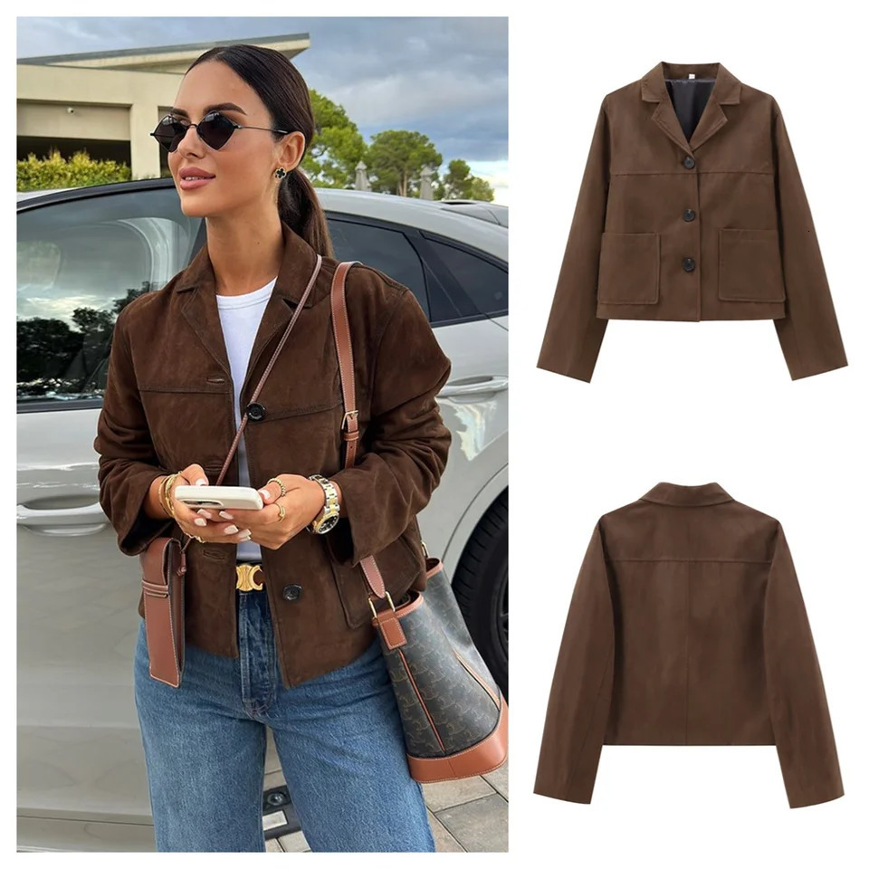 PB ZA autumn womens clothing fashionable temperament slim fit simple versatile short suede jacket 250609