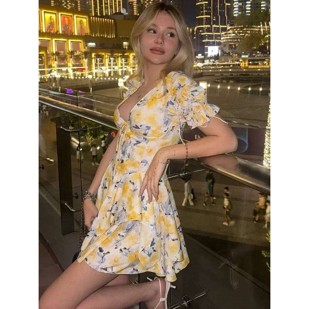Sexy Flower Printed Women Mini Dress Fashion V-neck Puff Short Sleeve A-line Dresses Summer Lady High Waist Slim Party Club Robe