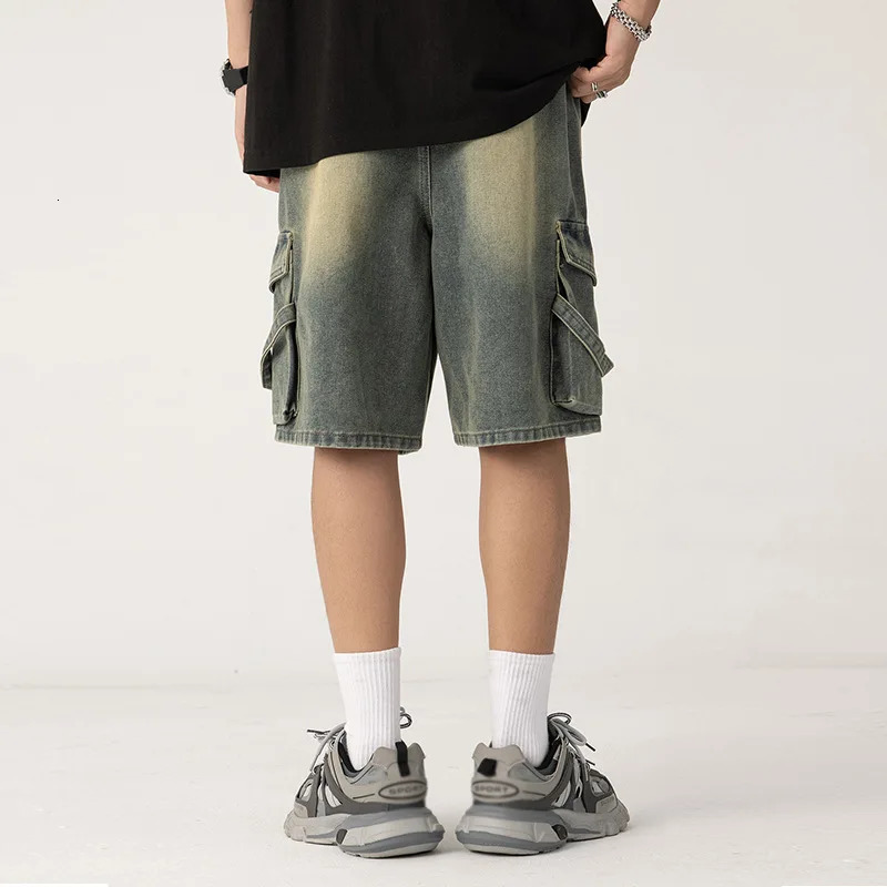 Cowboy shorts mens high-end personalized drawstring loose casual denim five quarter pants loose plus wide leg pants 250611