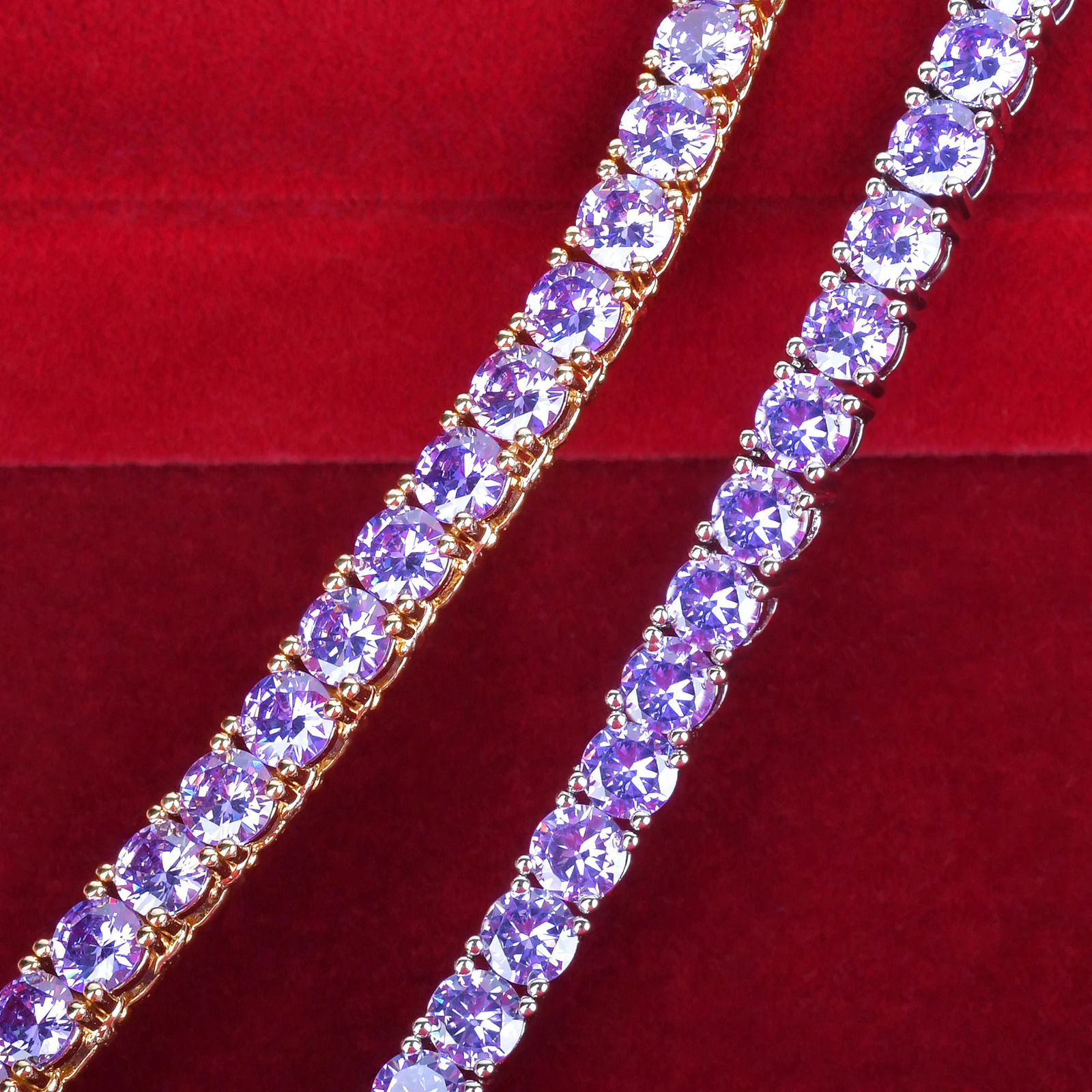 Aokaishen Purple Tennis Chain Necklace Hip Hop Rock Street Jewelry AA Cubic Zirconia 24K Real Gold Color Plated 250609