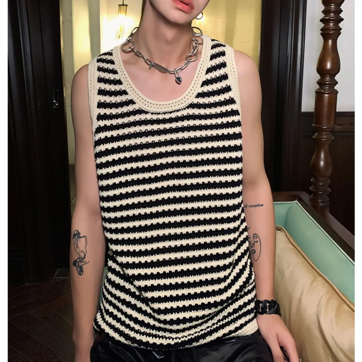 Mens Striped Knitted Sleeveless Vest Casual Sports Streetwear Breathable Comfort Summer Tanks Tops O-Neck Korean Style 250611