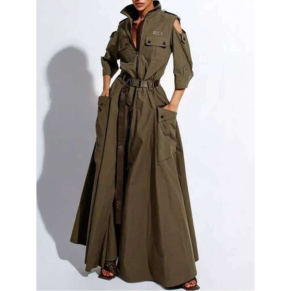 Chic Solid Maxi Shirt Casual Turndown Neck Half Sleeve Zipper Belt Pockets Long Dress Ladies Streetwear Women Clothes