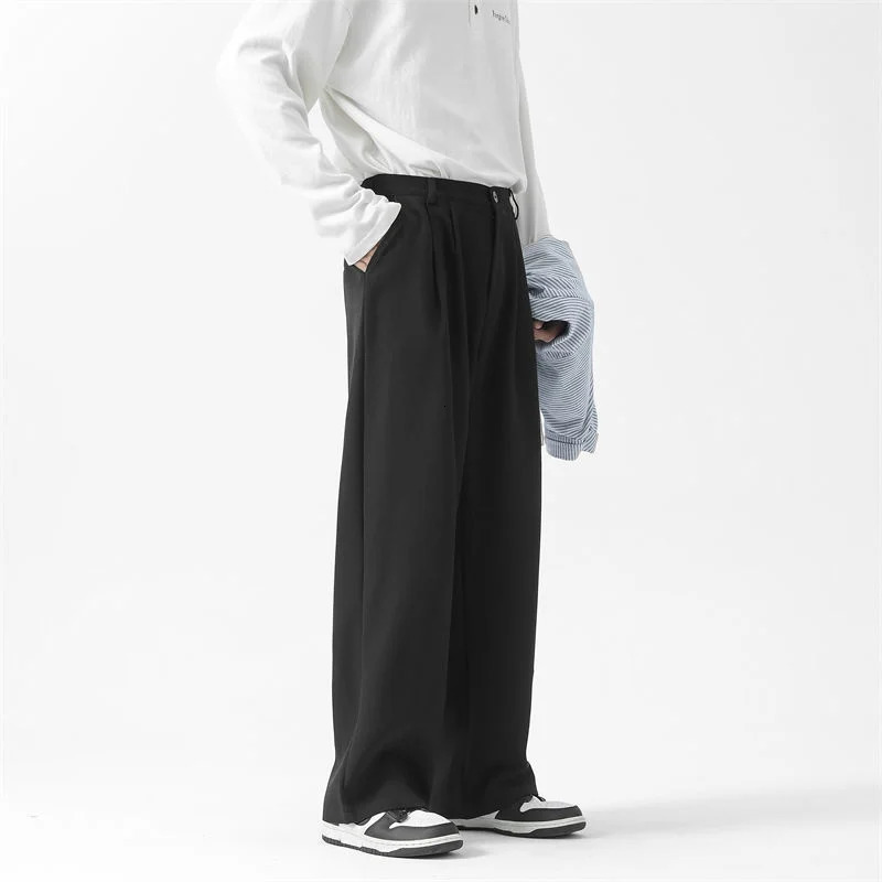 Grey Black Suit Pants Men Fashion Society Mens Dress Korean Loose Straight Wide Leg Office Formal Trousers 250610
