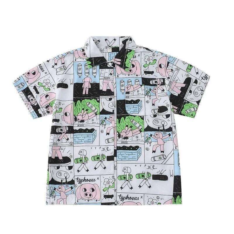Women's Chiffon Shirts Top Summer New Female Casual Blouse Original Niche Design Short-sleeved Cartoon Pig Graffiti Printed