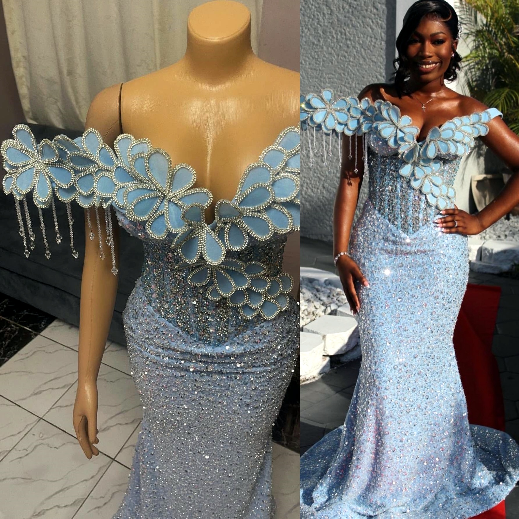 Light Sky Blue Mermaid Prom Dresses 2025 Flowers Crystals Sequined Evening Formal Party Second Birthday Engagement Gowns Plus Size Dress For Special O