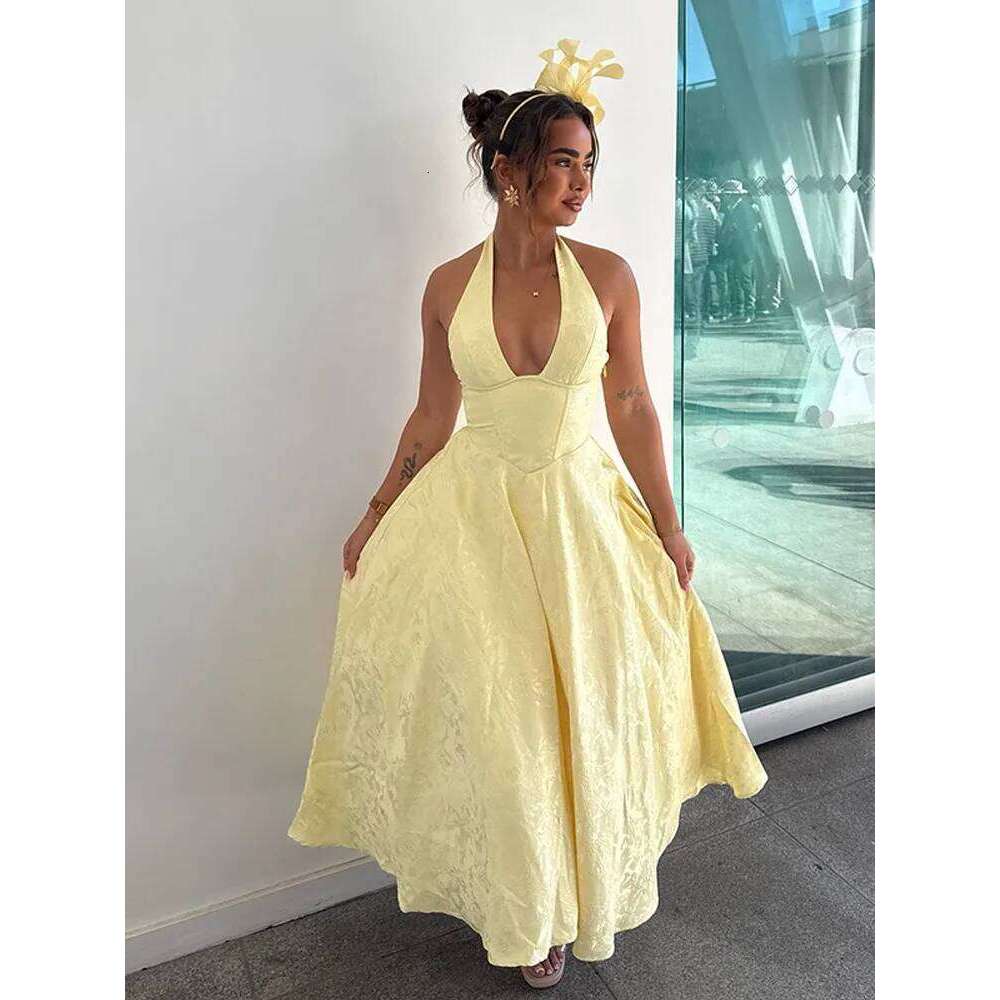 Butter Yellow Corset Backless Maxi Dress Women's Elegant V Neck Halter High Waist Robes Lady Summer Evening Party Gvestidos 2025