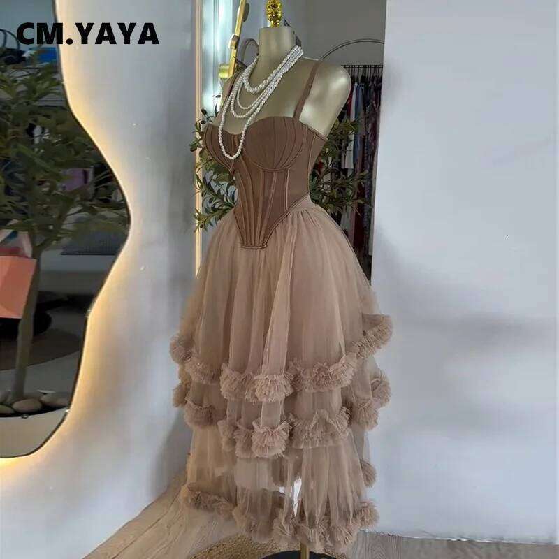 Cm.Yaya Women's Dress Sleeveless Strap Tops And Pleated Tiered Skirts Suit Elegant Vacation Birthday Two 2 Piece Set Outfits