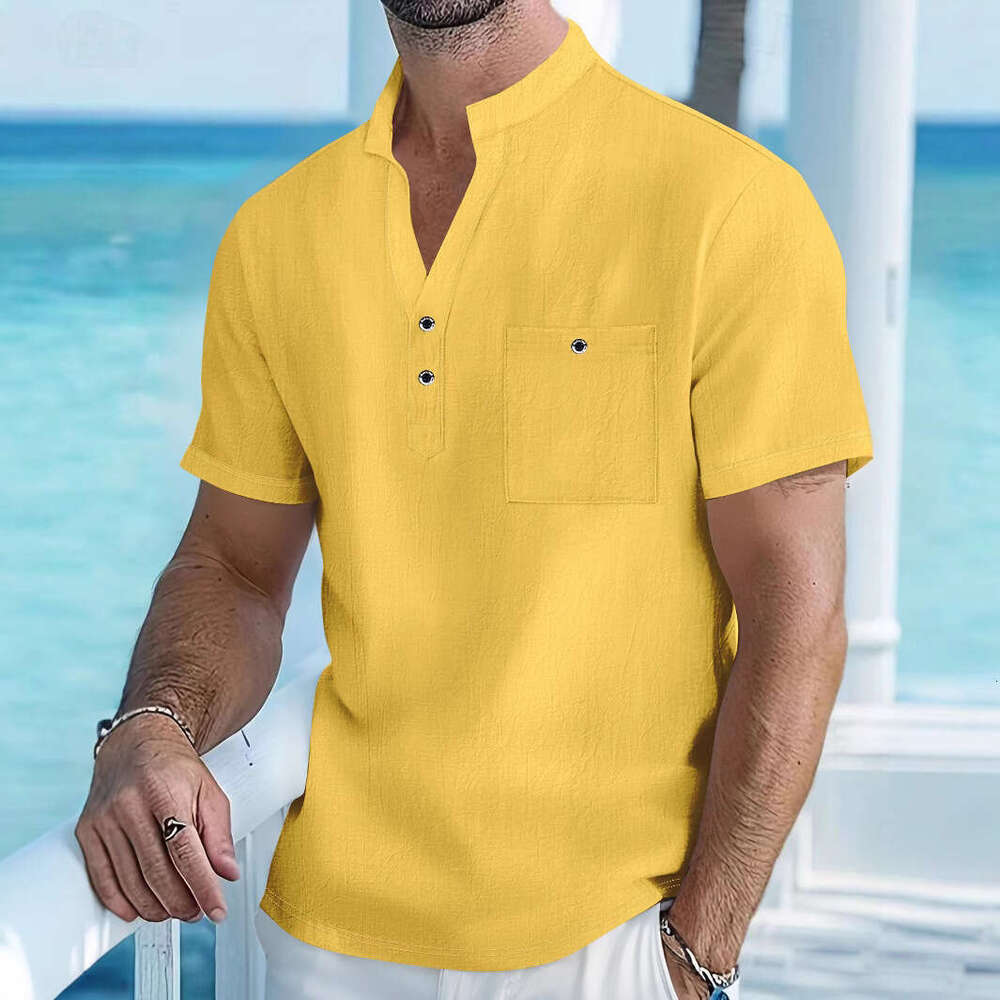 New Stand Collar T-Shirt Linen Short Sleeve Shirt Casual Thin Loose Henley Men's Wear B5