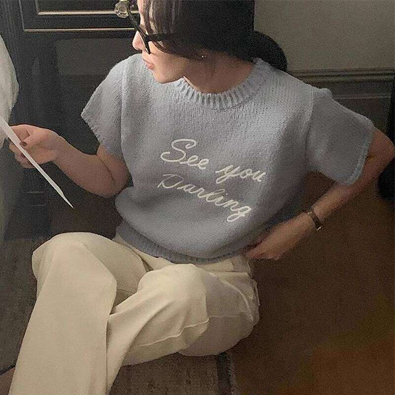 Sueter Mujer Round Neck Contrast Loose Casual Short Sleeved Letter Knitted Sweater Y2k Top Grunge Pullover Jumper