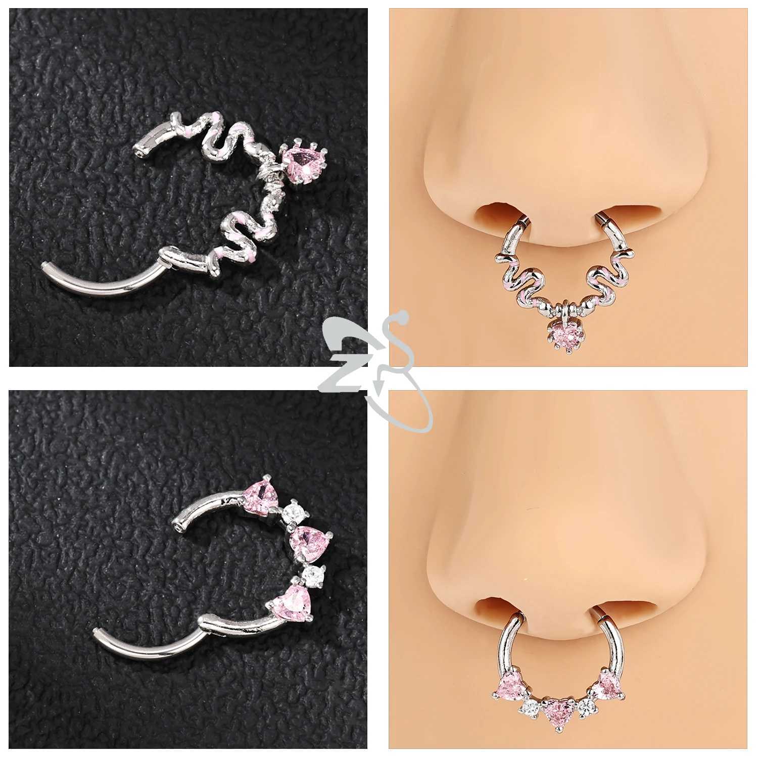 ZS 1PC Pink Crystal Nose Piercing Silver Color Septum Ring 316L Stainless Steel Nose Clicker Ear Helix Cartilage Piercing 16G W250611
