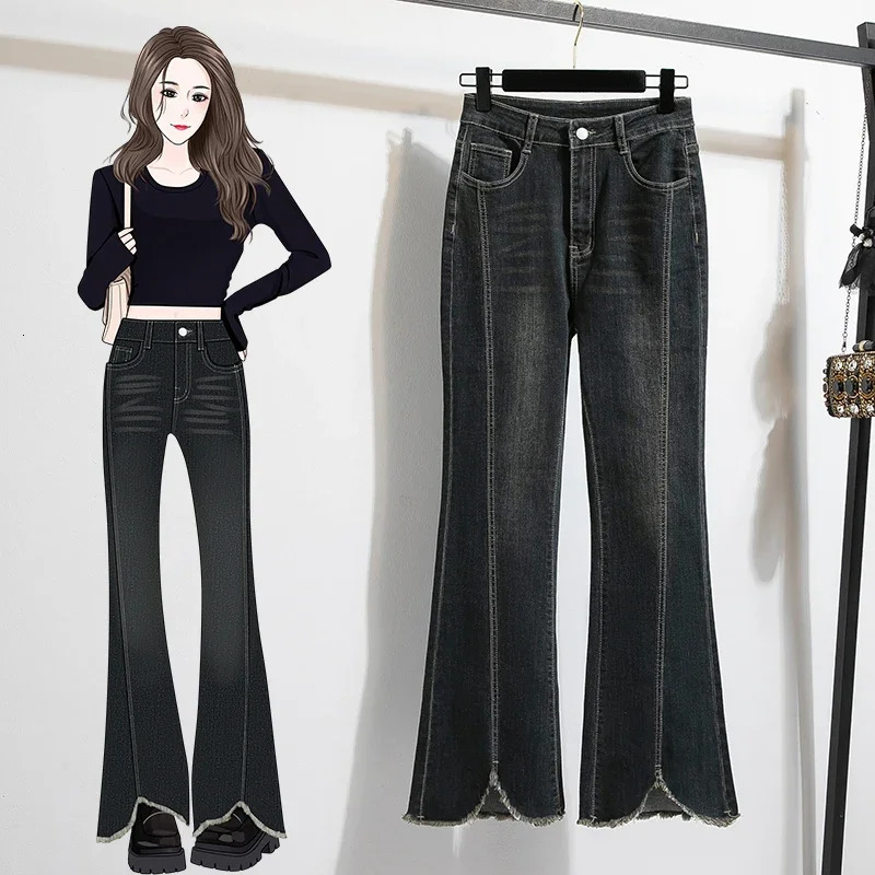 Basics Vintage Casual High Waist Chic Button Slim Flare Jeans Denim Long Pants Streetwear High Street Autumn Plus Size Clothing 250609