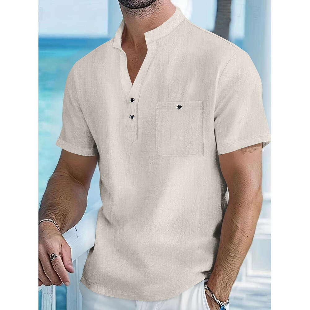 New Stand Collar T-Shirt Linen Short Sleeve Shirt Casual Thin Loose Henley Men's Wear B5