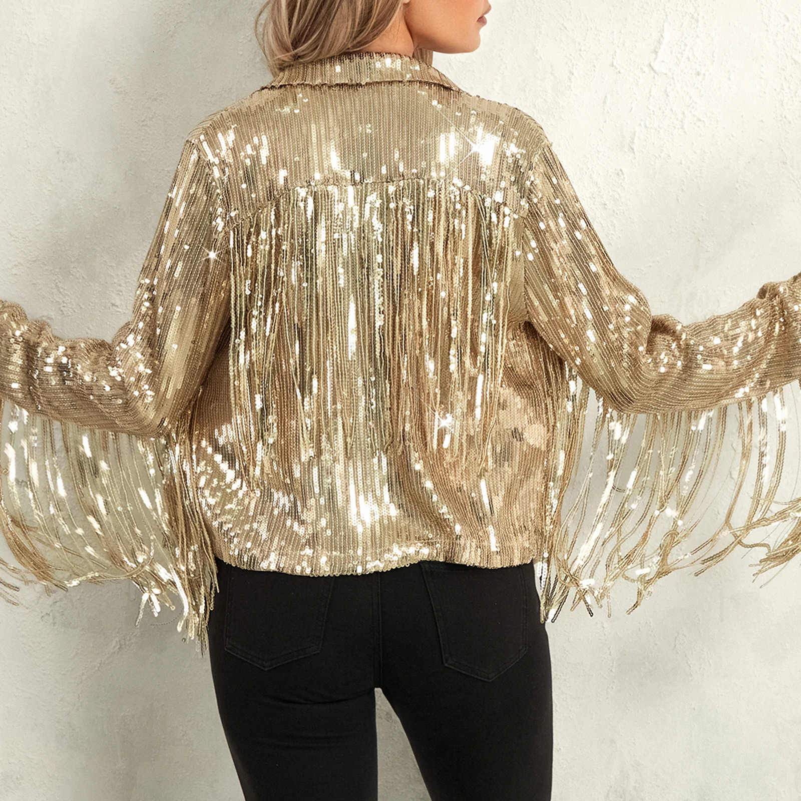 Womens Sequins Fringed Dance Performance Bomber Jackets Autumn Silver Gold Shiny Tassels Cardigans 70s Hippie Sparkly Coats 250609
