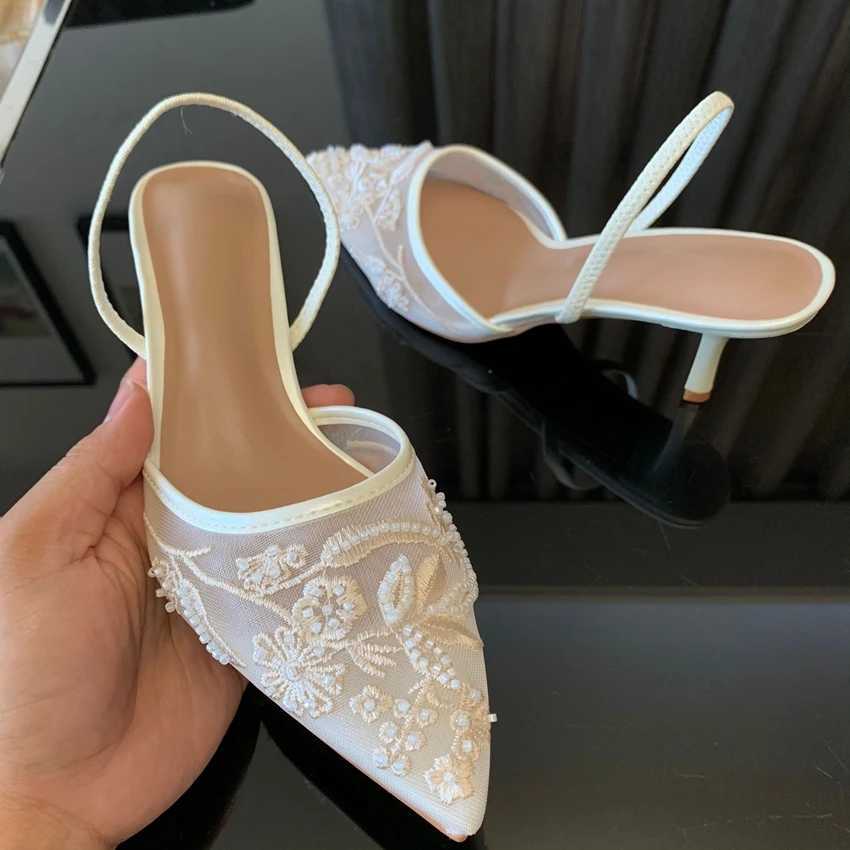 Brand Designer White Women Pumps Mesh Embroidered Flowers Back Strap Sexy Slingback High Heels Dress Wedding Shoes for Ladies XJ250610