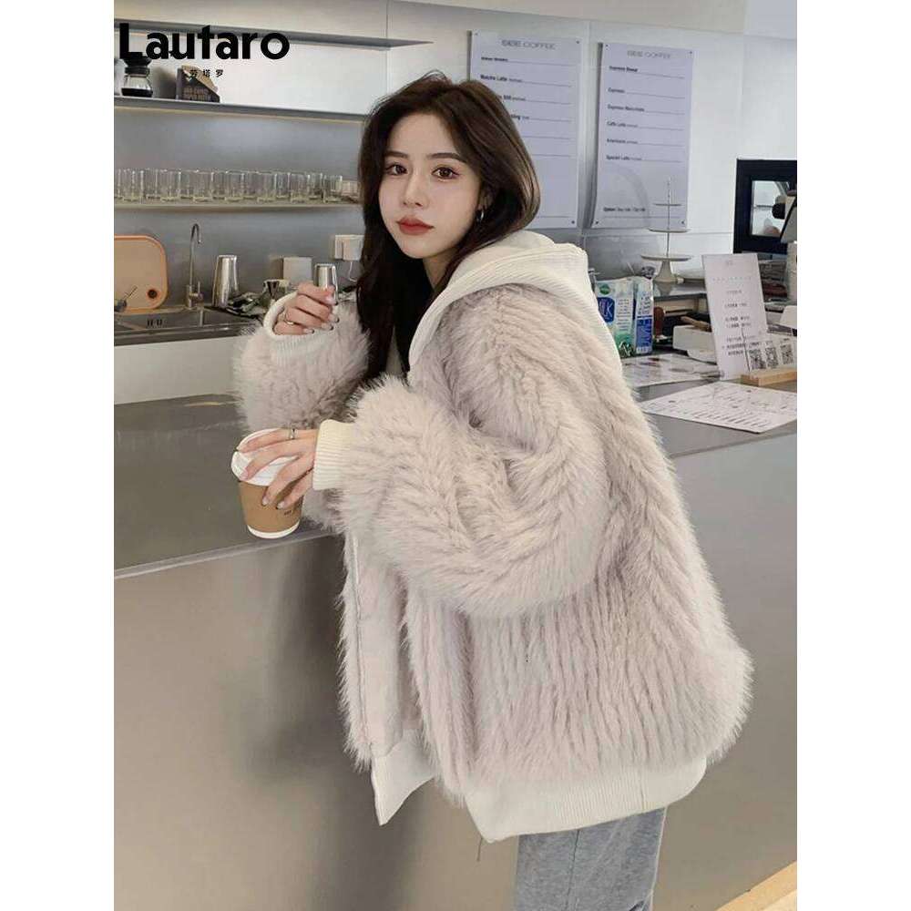Lautaro Autumn Winter Loose Casual Hairy Shaggy Soft Warm Faux Fur Coat Women with Hood Long Sleeve Zipper Korean Fashion 2022