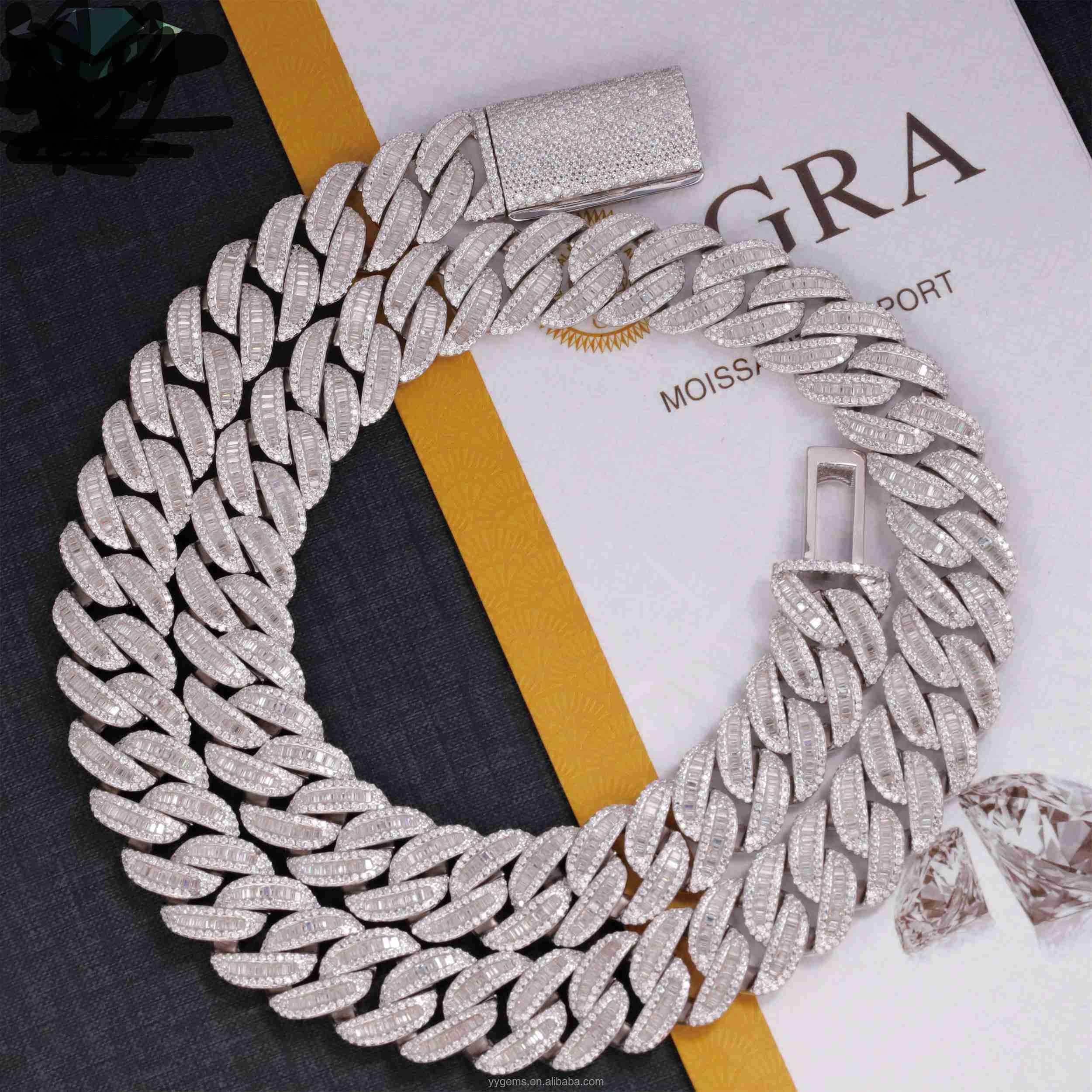 OACOCA Hip Hop Iced Out Diamond Necklace 16mm Wide 18k Gold Plated Baguette VVS Moissanite Cuban Link Chain for Men