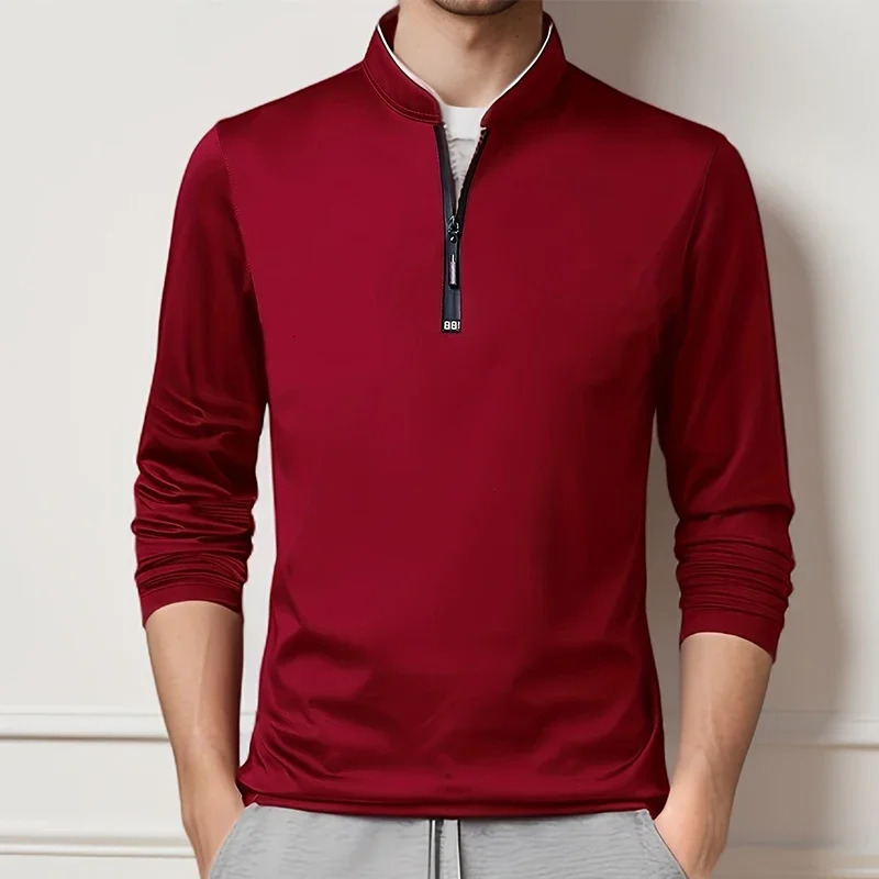 Mens Casual Fashion Solid Color Long Sleeved Polo Shirt Stand Up Collar Versatile Comfortable Top 250610