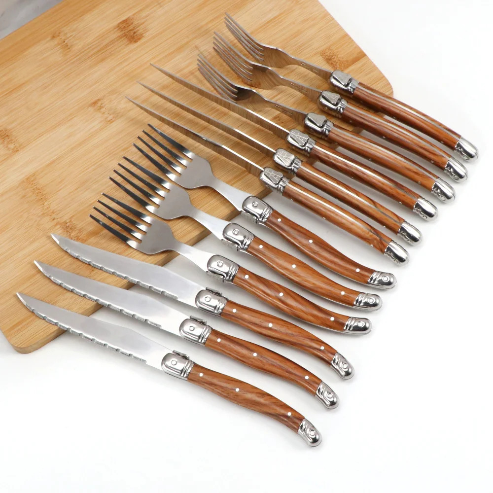 Jaswehome 6Piece Wood Grain Handle Steak Knife Fork Collection Western Food Knife and Fork Set Stainless Steel Cutlery Utensils 250610
