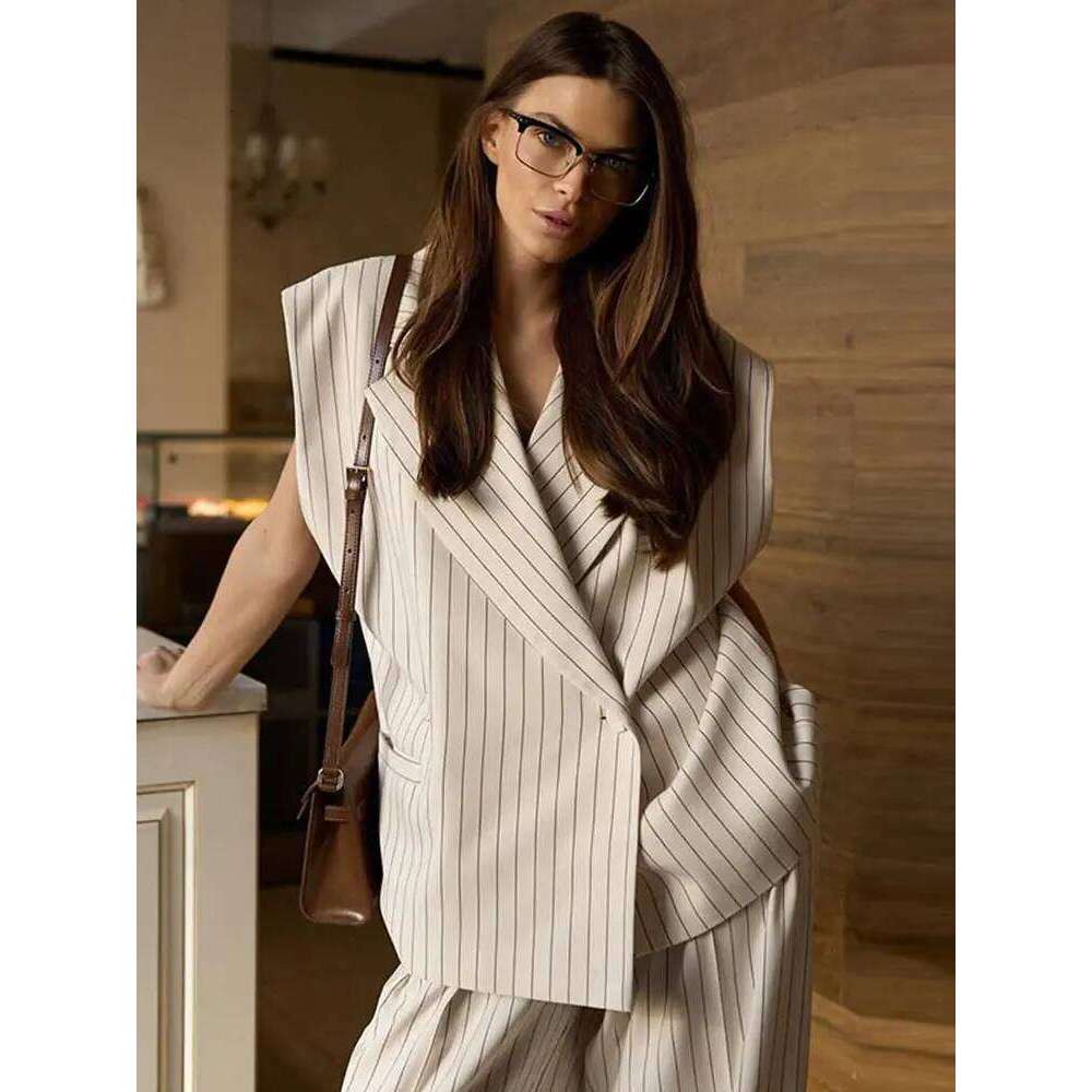 Fashion Women's Stripe Vest Trouser Suits Sleeveless Turn-Down Collar Lady 2025 Spring Summer Casual 2 Pieces Set Women