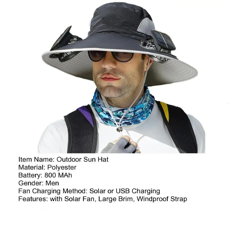 1 Set Outdoor Sun Hat With 2 Fan Large Brim Windproof Solar Or USB Charging Anti UV Sun Fishing Camping Travel Cap 250529