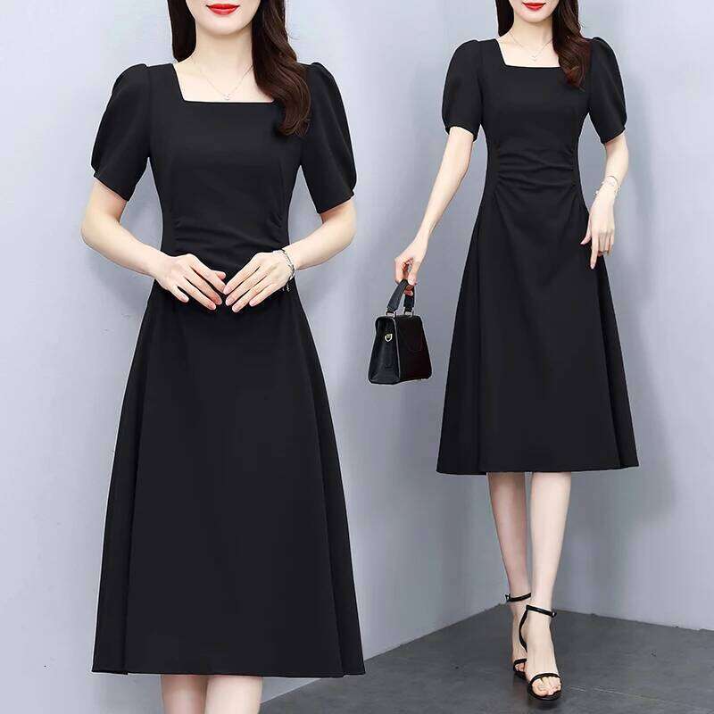 Retro Simple Summer 2025 Short Sleeve Square Collar Knee Length Fashion Solid Colar Slim Women Dress Red Black