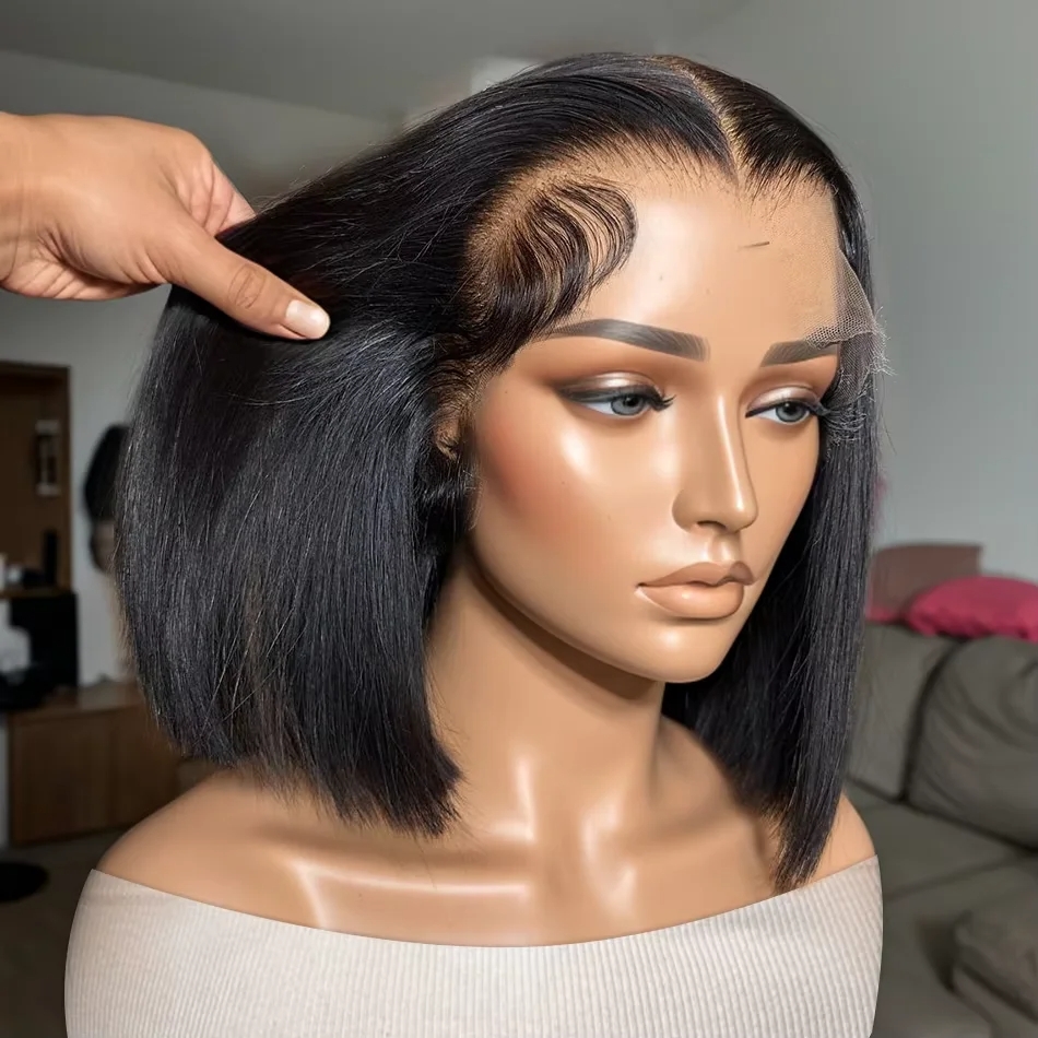 200% Density 13x4 Short Bob Straight Brazilian Hair HD Transparent Lace Full Lace Frontal Wigs Human Hair For Women Synthetic