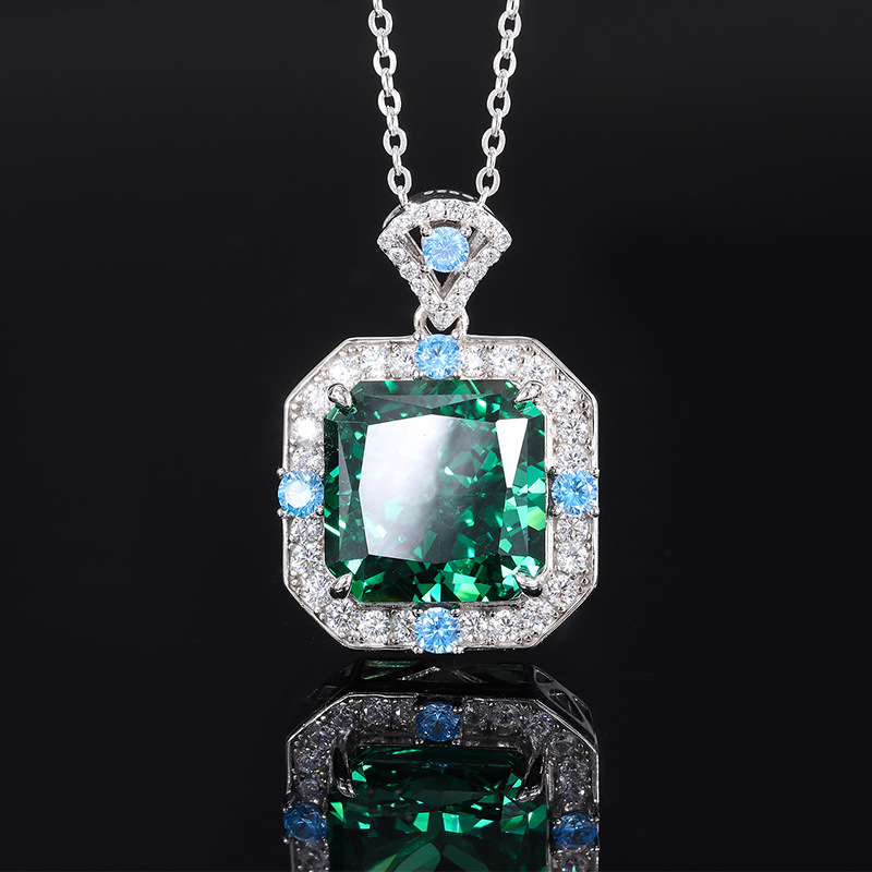 S925 Silver Vintage Fashion High-Carbon Diamond Princess Square Pendant Necklace, 14x14mm Main Stone, Elegant Women's Jewelry, Stylish Textured P