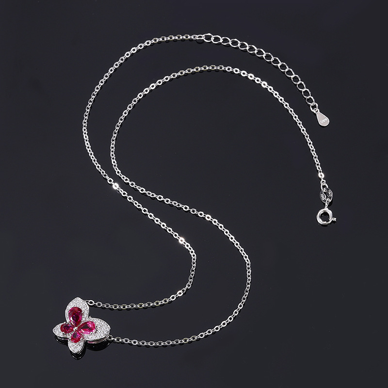 New S925 Silver Butterfly Pendant Necklace, Faux Pigeon Blood Ruby with Full Diamond Inlay, Elegant and Stylish Jewelry for Women