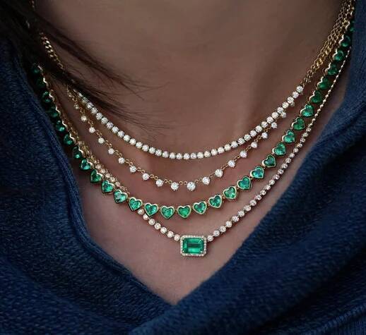 Green White CZ Bezel Heart Shaped Tennis Chain Choker Necklace For Women Geometric Classic Jewelry