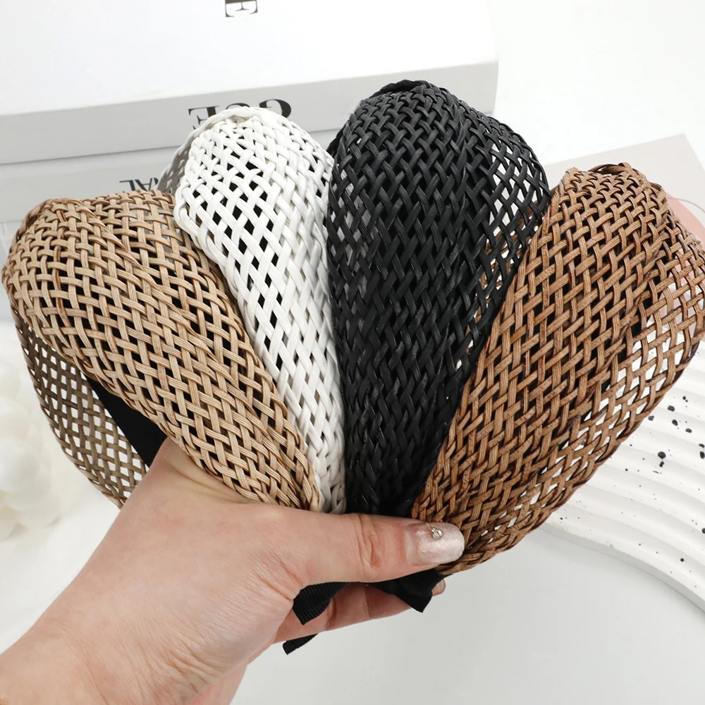 Bohemian Beach Straw Weaving Cross Knotted Headband Women Wide-brimmed Hand-woven Hair Hoop Travel Holiday Headdress Accessories 250610
