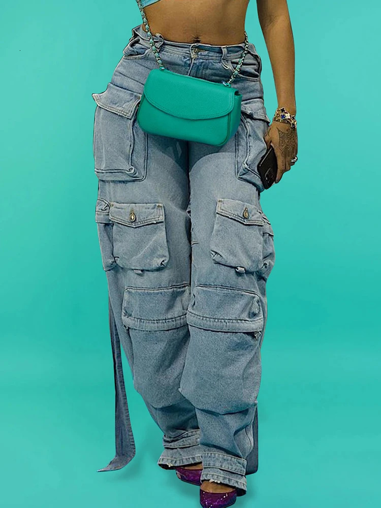 Plus Size Daily Light Blue Spring Summer Pocket Cargo Denim Jeans High Street Harajuku High Waist Casual Loose Denim Trousers 250609