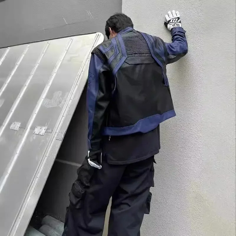 American Hip Hop Spliced Racing Jacket Mens Trend Niche High-end Motorcycle Suit Leather Jacket Unisex Spliced Coat 250611