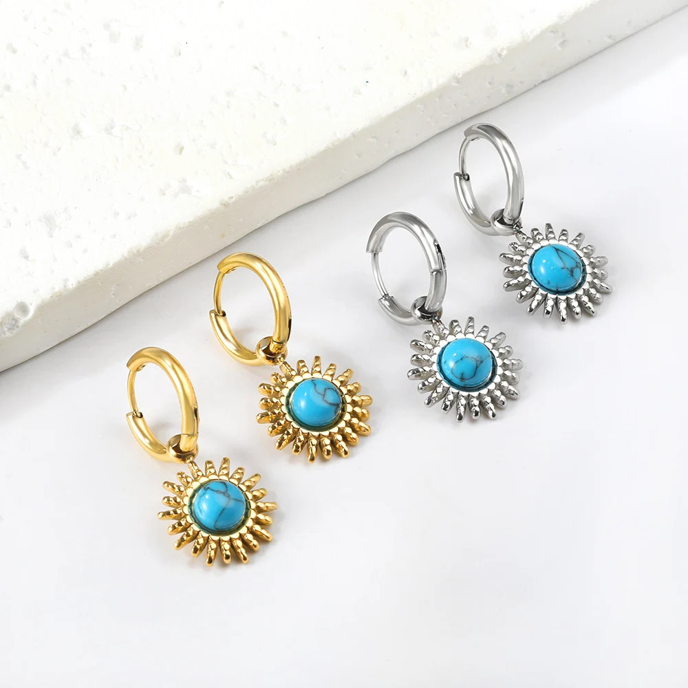 LUXUSTEEL Boho Stainless Steel Hoop Earrings Turquoise Blue Stone Charm Drop Earring For Women Girls France Chic Jewelry 250610