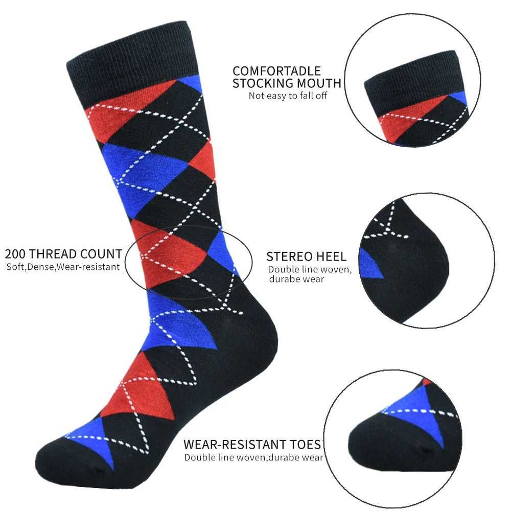 5pairs Mens Cotton Argyle Color Block Soft Crew Socks Mens Business Socks Multicolor Set Z250610