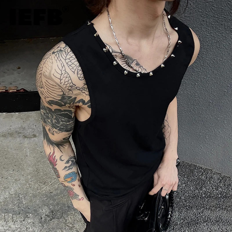 IEFB Mens T-shirts Sleeveless Summer Nail Drill Loose Round Neck Trendy Solid Color Simple Male Clothing 9W1728 250611