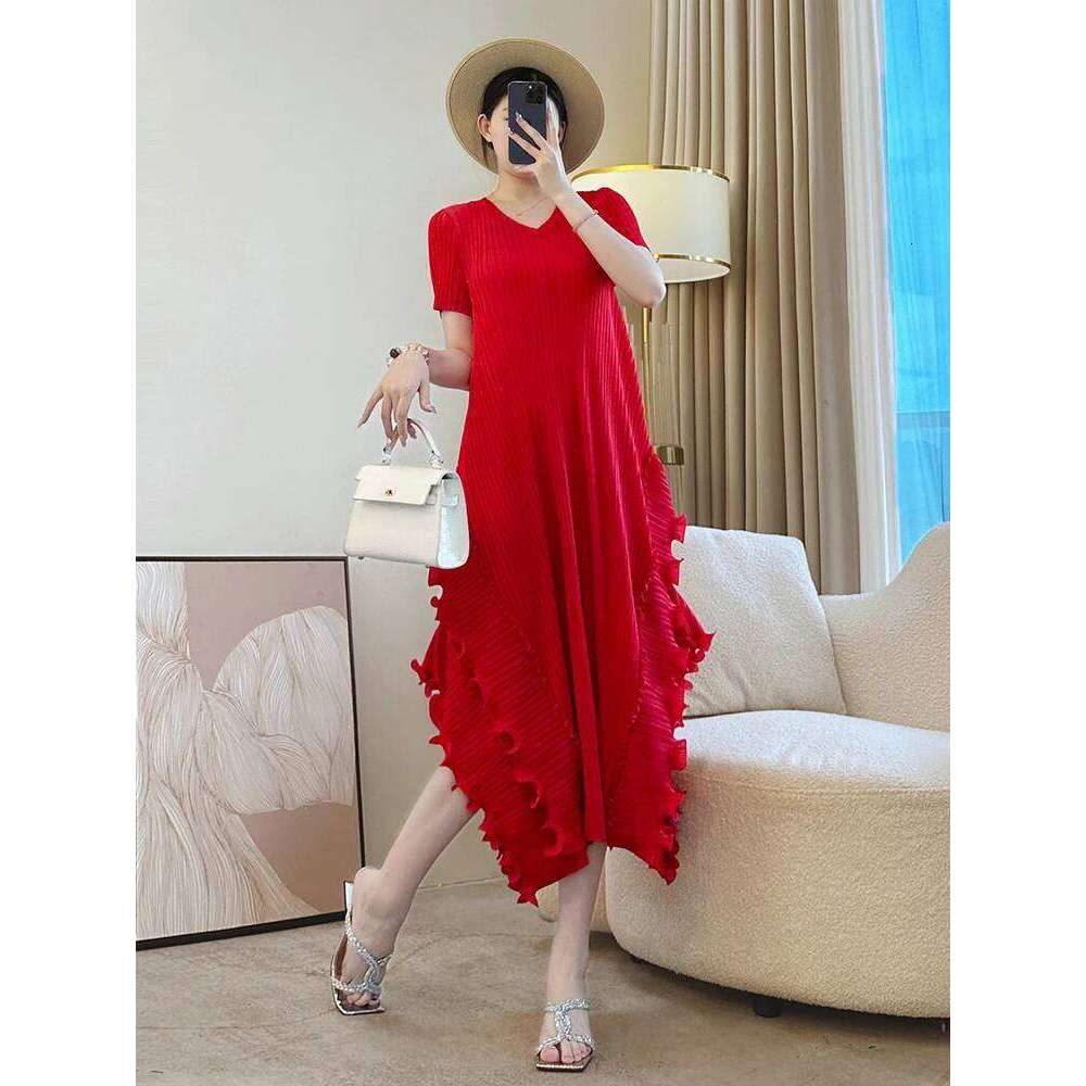 LANMREM Ruffled Patchwork Women's Dress 2025 New Elastic Loose Irregular Pleated Dresses Short Sleeve V Collar Summer Clothing