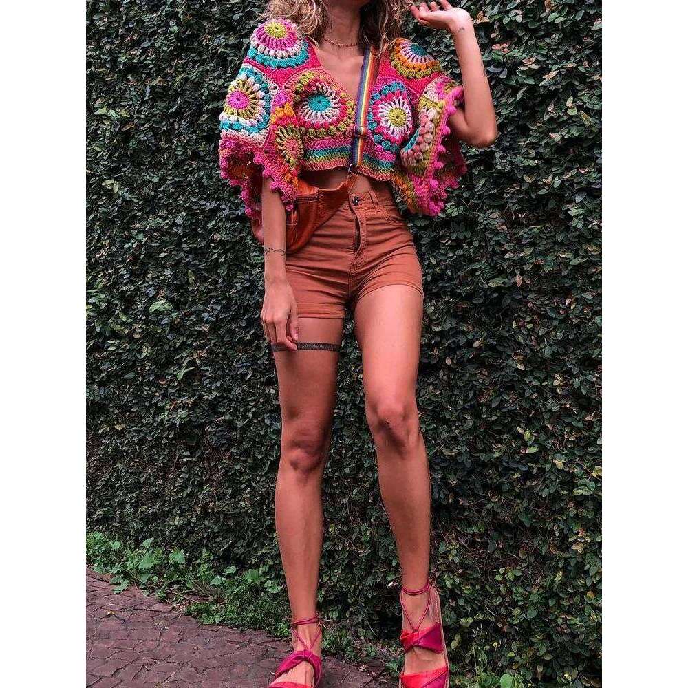 BOHO Hand made Hollow Out Crochet Geometric Short Bat Sleeve Pullovers Women Summer Cropped Retro V neck Holiday Tops