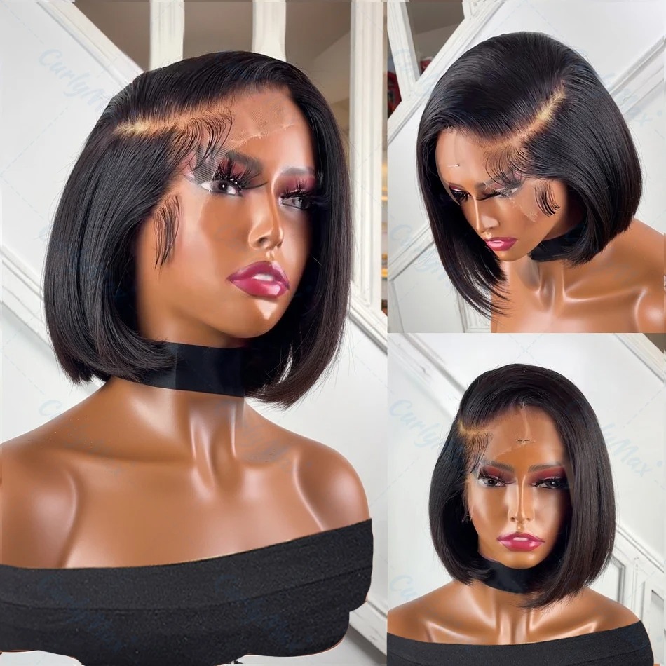 200% Density 13x4 Short Bob Straight Brazilian Hair HD Transparent Lace Full Lace Frontal Wigs Human Hair For Women Synthetic