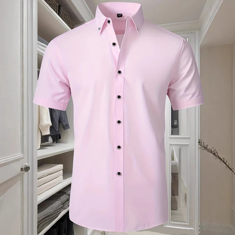 Fashion Formal Blue Shirt For Mens Short Sleeved Slim-Fit Business Classic Basic Diamond Button Wedding Social Shirts Male 250611