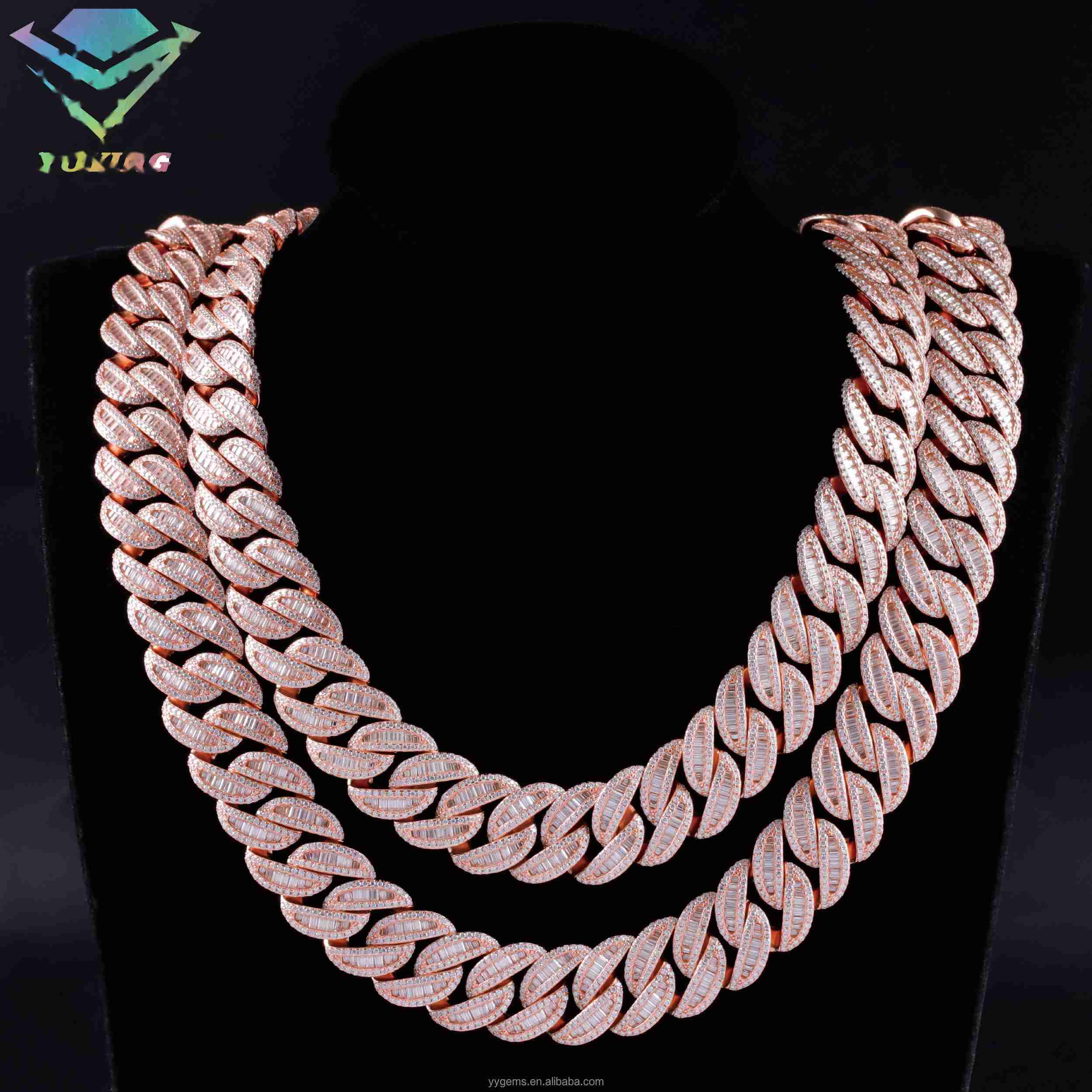 OACOCA Hip Hop Iced Out Diamond Necklace 16mm Wide 18k Gold Plated Baguette VVS Moissanite Cuban Link Chain for Men