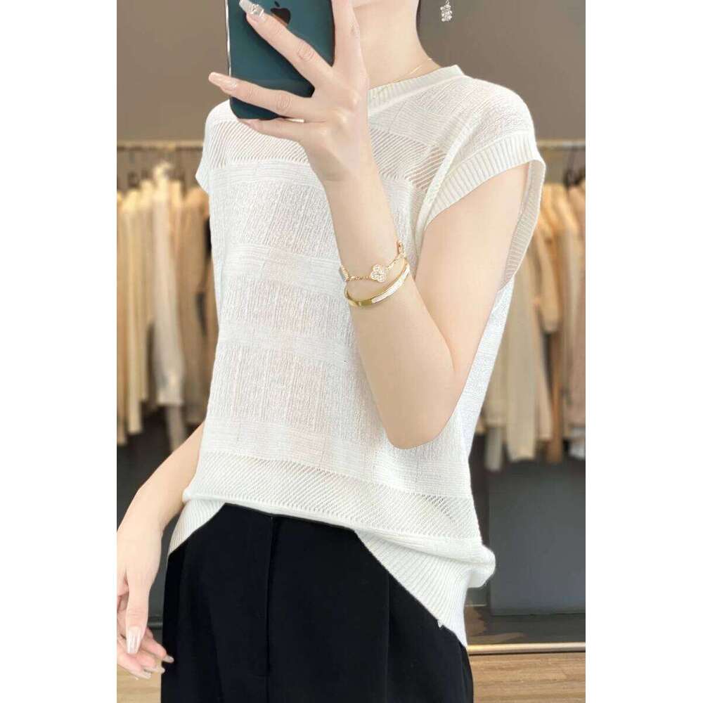 Classic Short Sleeves Tencel Wool Blend Pullover Women Knitting Hollow Out Sweater O-Neck High quality thin design Basic Tops