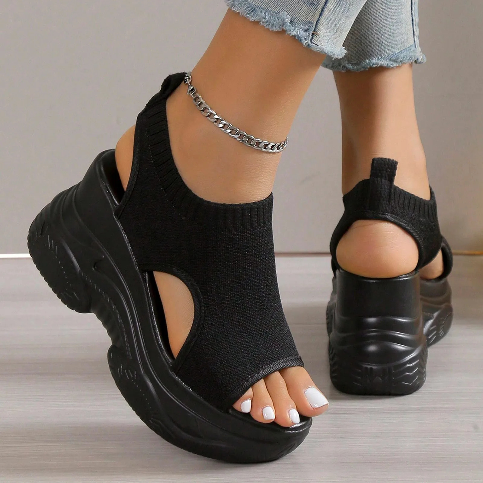 Thick Soled Sandals For Women Summer Mesh Breathable Peep Toe Sloping Heel Sandals Plus Size Sports Walking Mesh Flat Shoes 250609